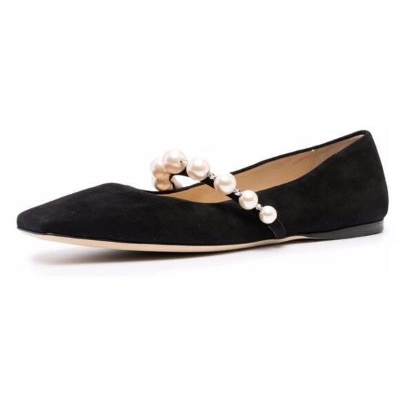 FOWT Women Square Toe Slip on Flats Pearl Studded Strap Elegant Pumps Black - Picture 1 of 8